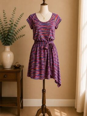 BCBG Max Azria Colorful Abstract Stripe High Low Midi Dress Belted Size Medium